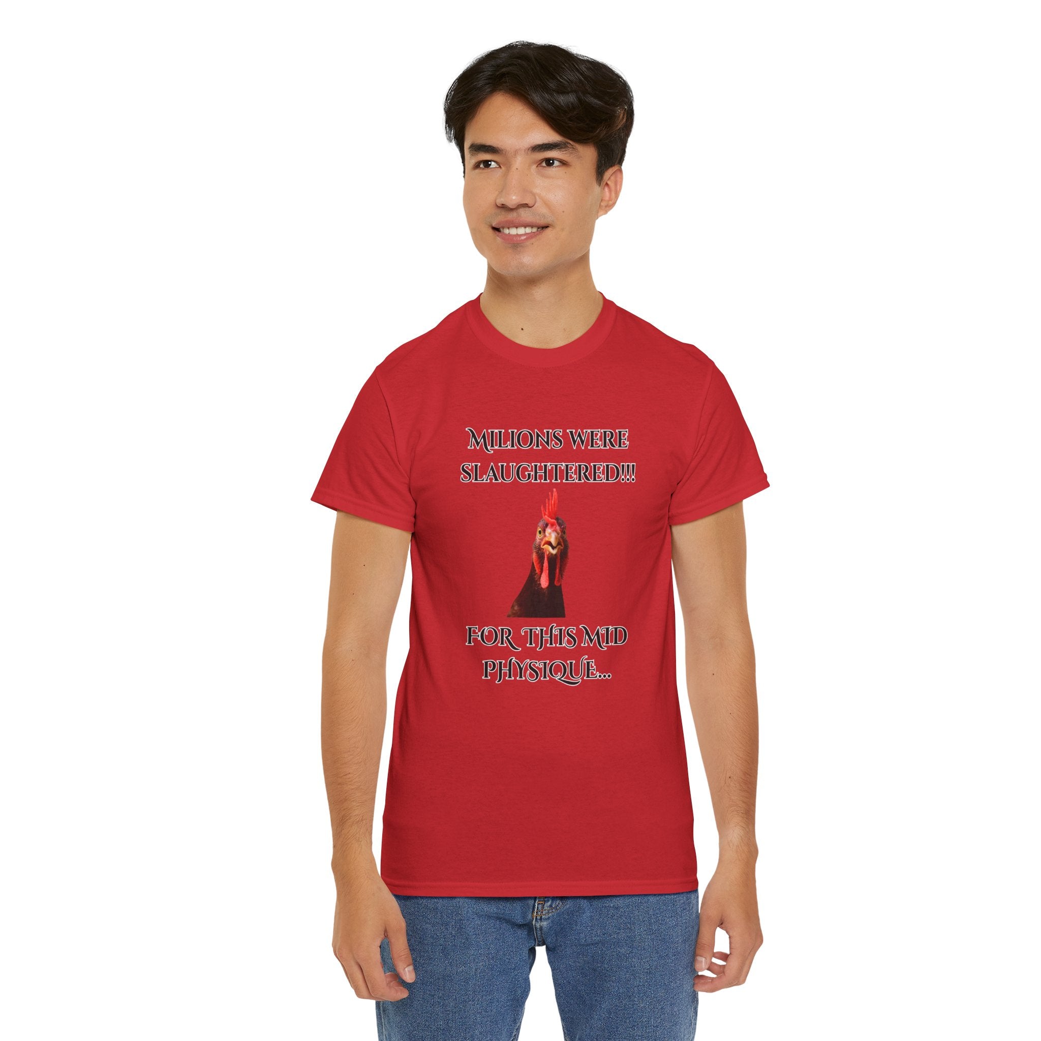 T-Shirt — "Millions Were Slaughtered!!! For This Mid Physique" Graphic Tee